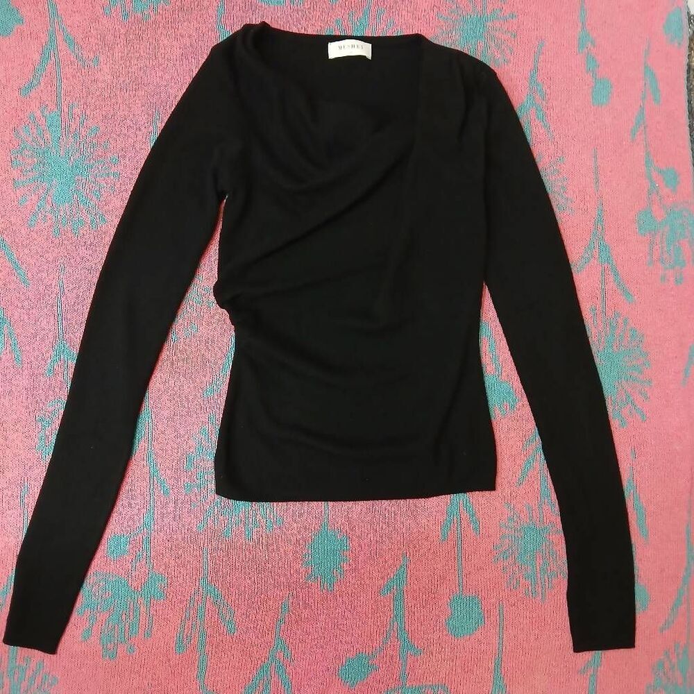 Meshki womens small ruched sweater black soft texture wool blend
